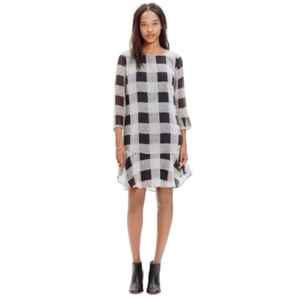 MADEWELL Inkcheck 100% Silk Black White Ruffle Hem Knee Length Lined Dress Sz 2‎